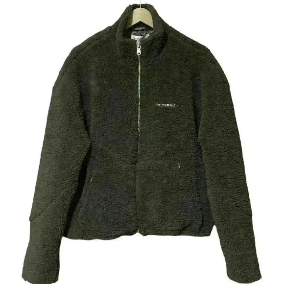 Reternity Deep Pile Jacket S Olive Green Cozy Fleece Standing Collar Pockets NWT - Picture 3 of 12